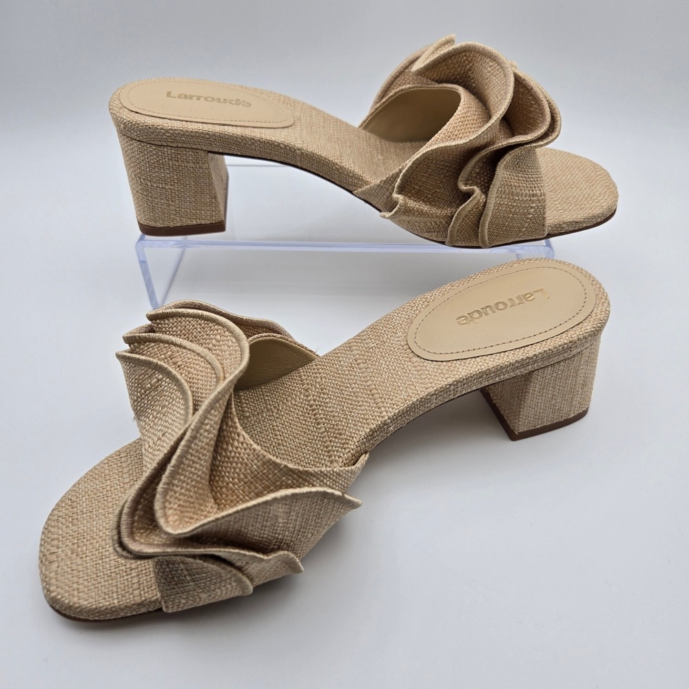 Larroude Ines Raffia Ruffle Block Heel Mules Beige Tan Slide Sandals Womens 6